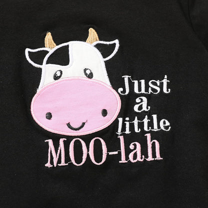 Infant Baby Girl Clothes Summer Black Embroidered Cow Letters Print Romper Cow Spots Shorts Set Toddler Outfits
