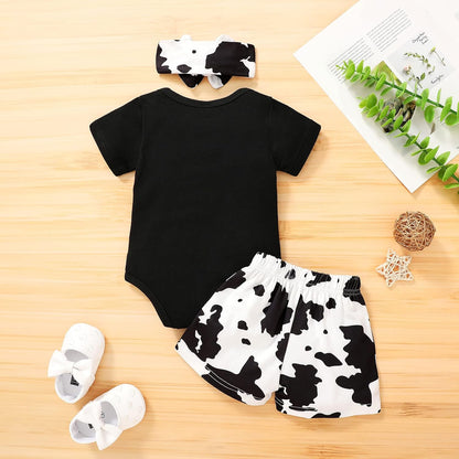 Infant Baby Girl Clothes Summer Black Embroidered Cow Letters Print Romper Cow Spots Shorts Set Toddler Outfits